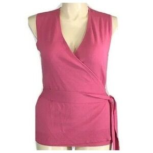 NEW Ann Taylor Top LARGE Rose Pink Wrap Knit Stretch Belt Business Casual Party